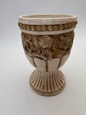 Vintage Grecian Style Cream and Golden Brown Ceramic Pedestal Vase or Planter